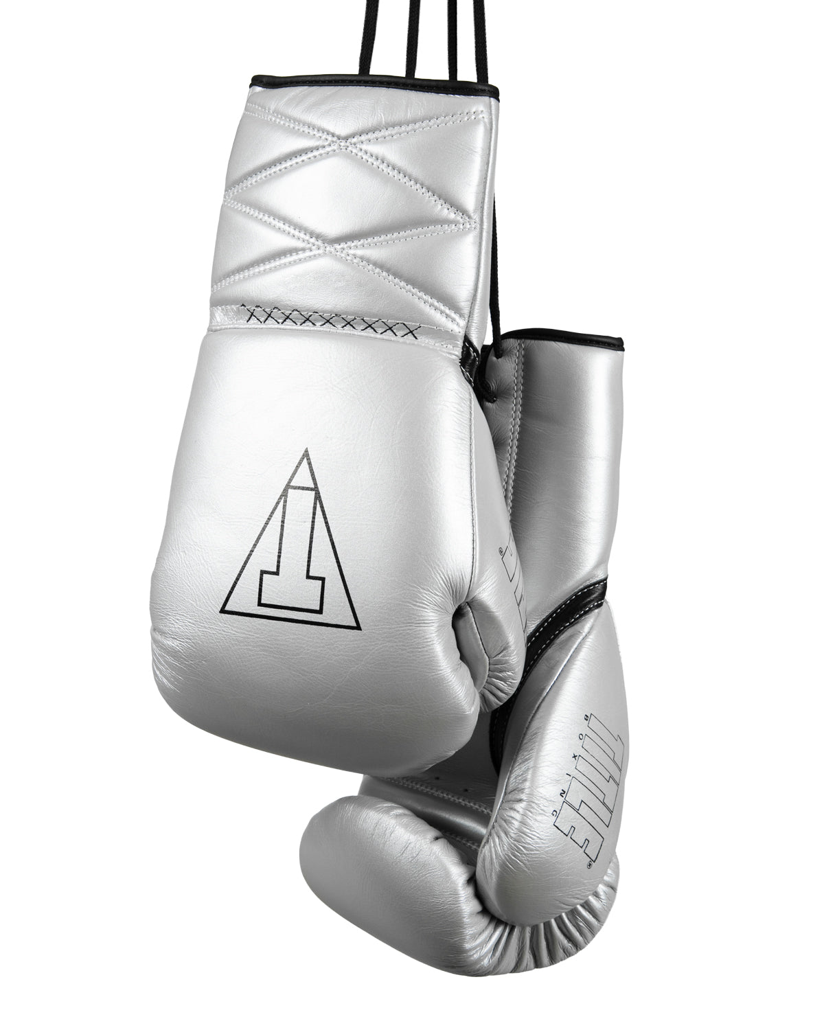 variant:silver/black::TITLE Boxing Momentum Pro Sparring Gloves hanging by laces