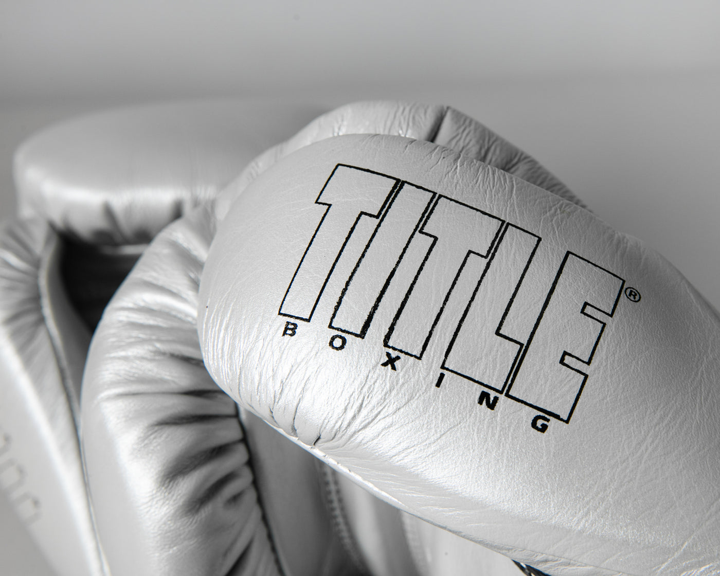 variant:silver/black::TITLE Boxing Momentum Pro Sparring Gloves closeup of logo