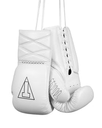 variant:white::TITLE Boxing Momentum Pro Sparring Gloves hanging by laces