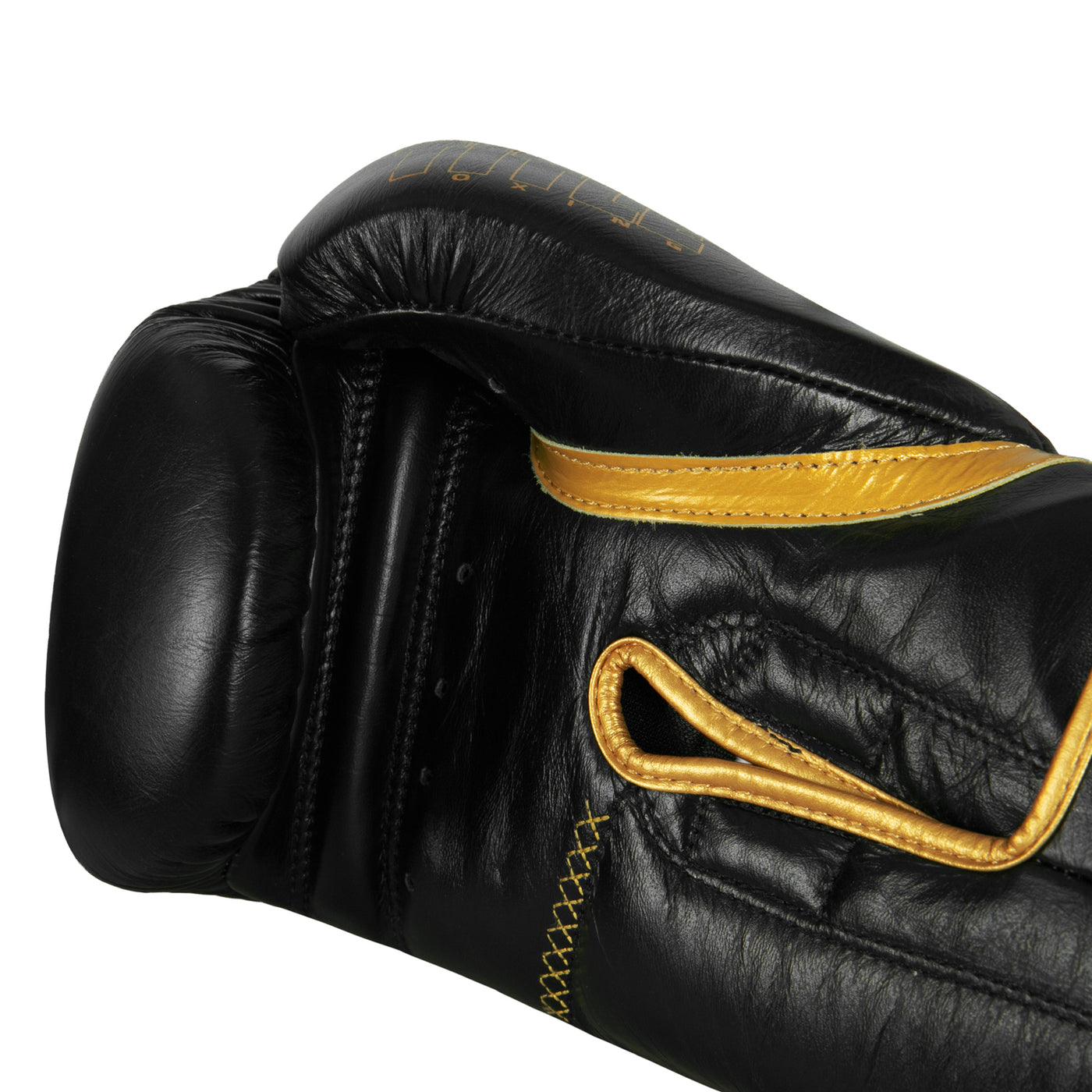 variant:black/gold::TITLE Boxing Momentum Pro Training Gloves single glove palm view closeup