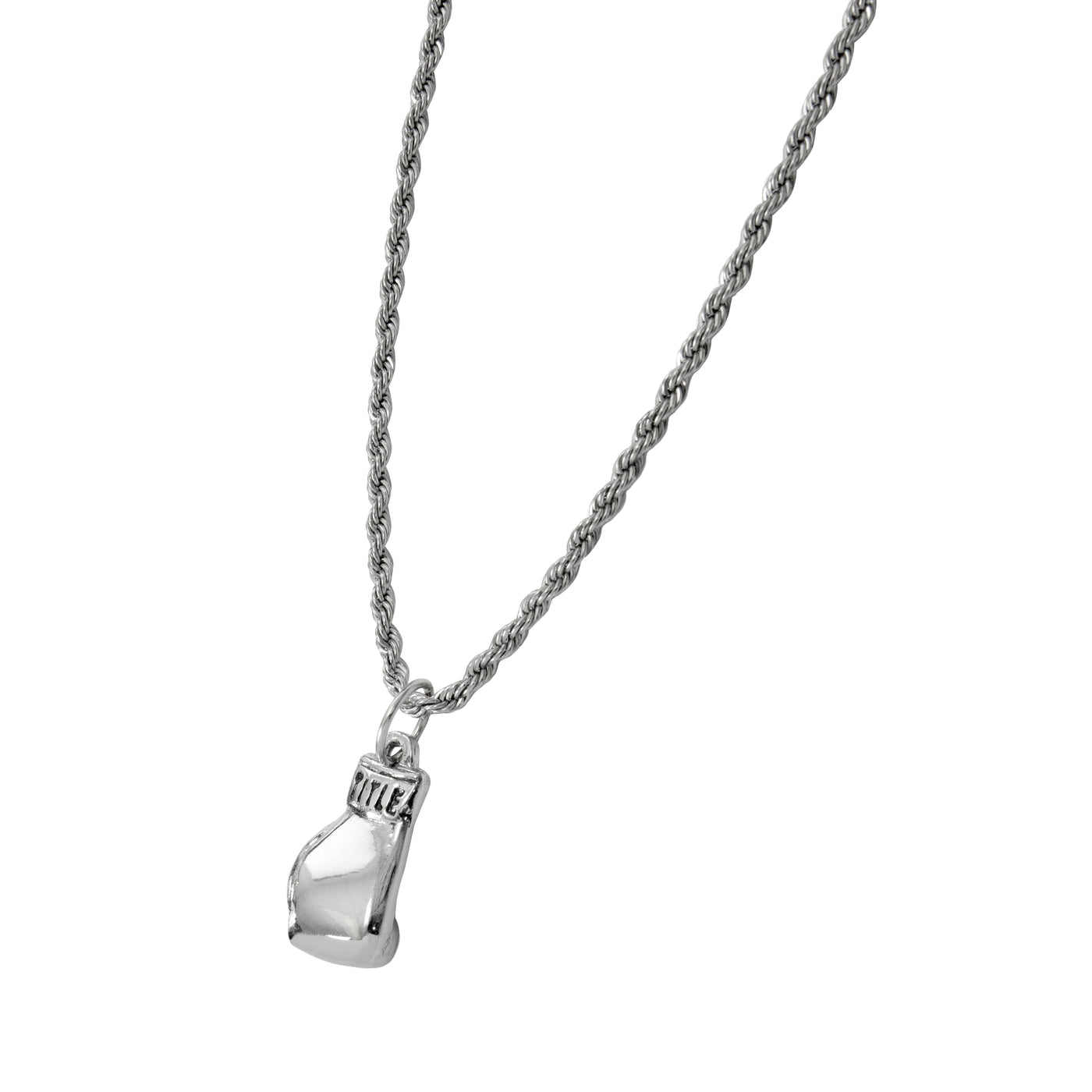 variant:silver::TITLE Boxing Single Glove Necklace close view angle view