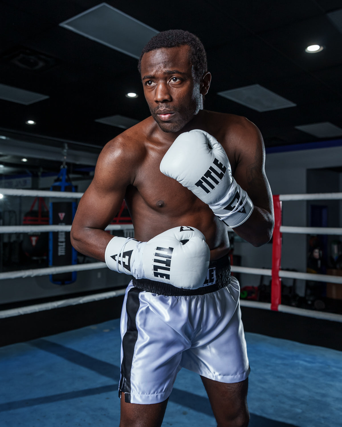 variant:white/black::TITLE Boxing Leather Pro Fight Gloves boxing stance