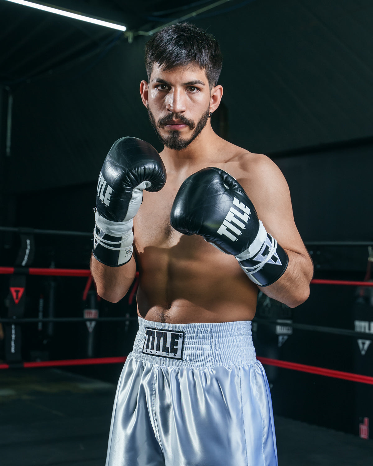 variant:Black/White::TITLE Boxing Leather Pro Fight Gloves front view