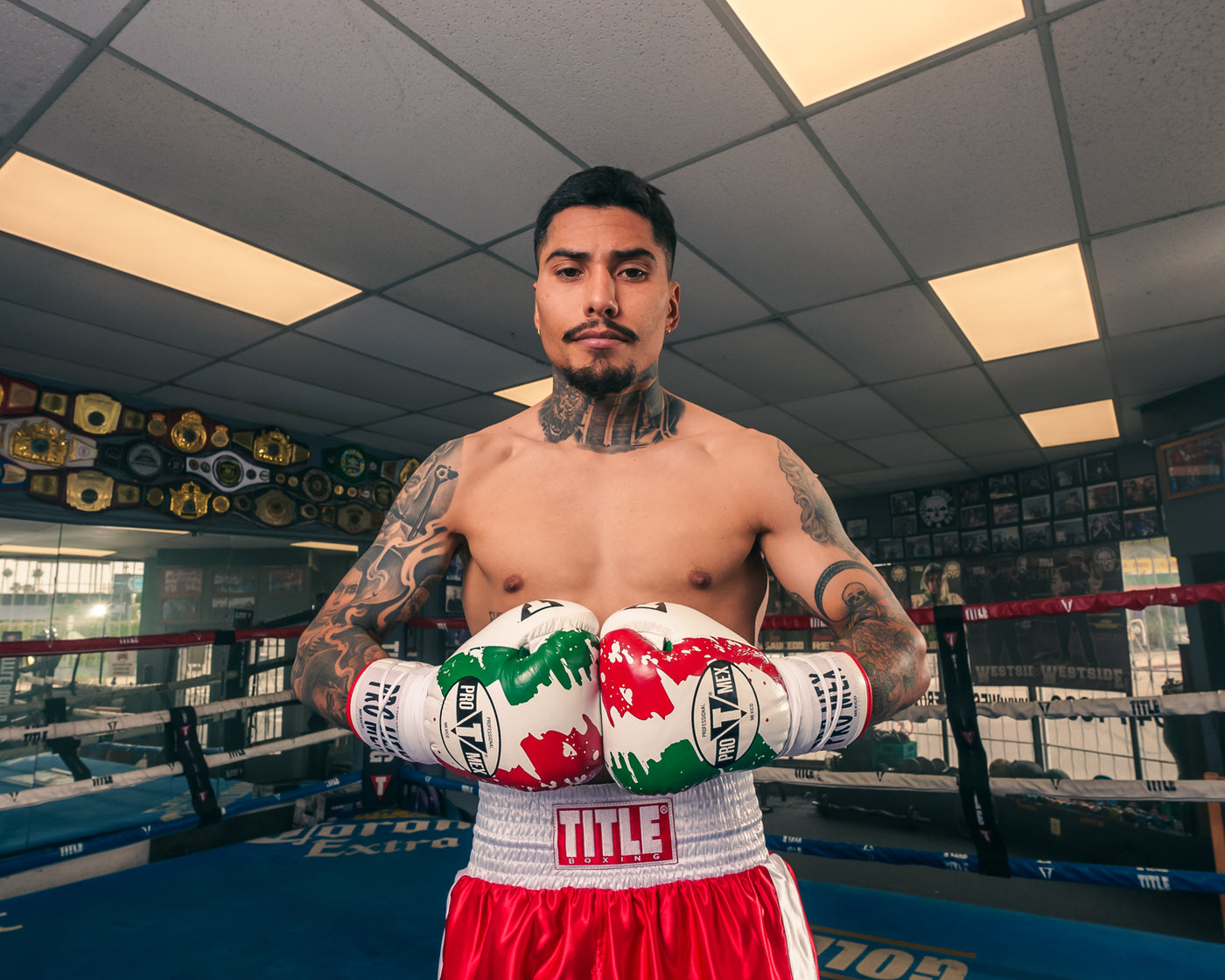 variant:Red/White/Green::Pro Mex Combatiente Pro Fight Gloves boxer in center of ring hands together
