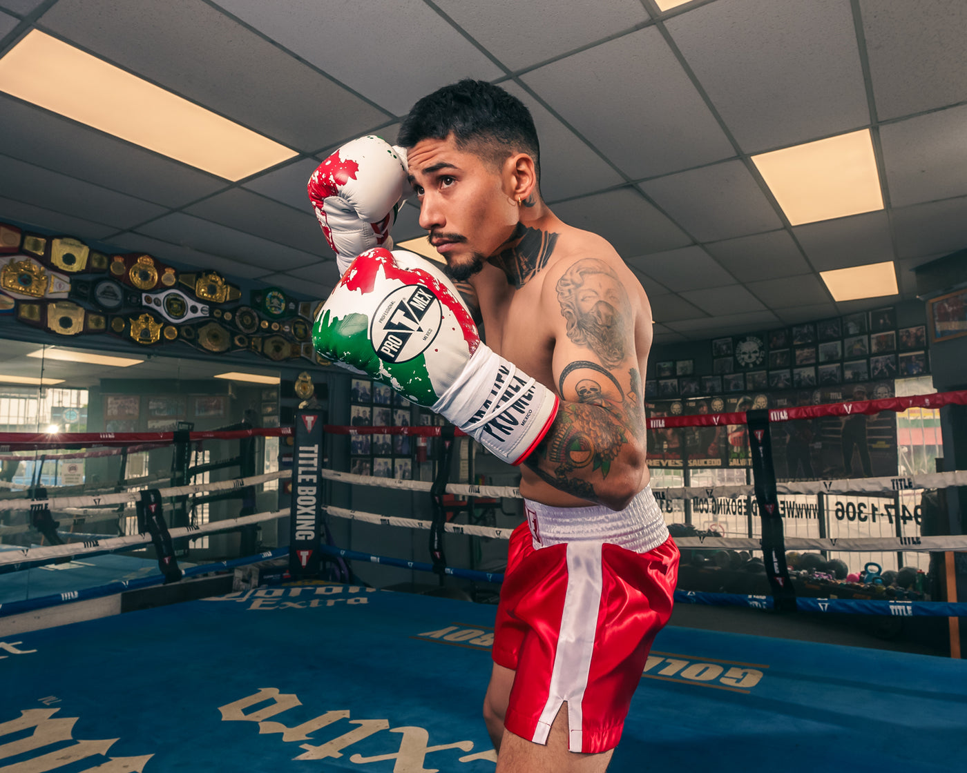 variant:Red/White/Green::Pro Mex Combatiente Pro Fight Gloves boxer in center of ring hands up side view