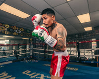 variant:Red/White/Green::Pro Mex Combatiente Pro Fight Gloves boxer in center of ring hands up side view