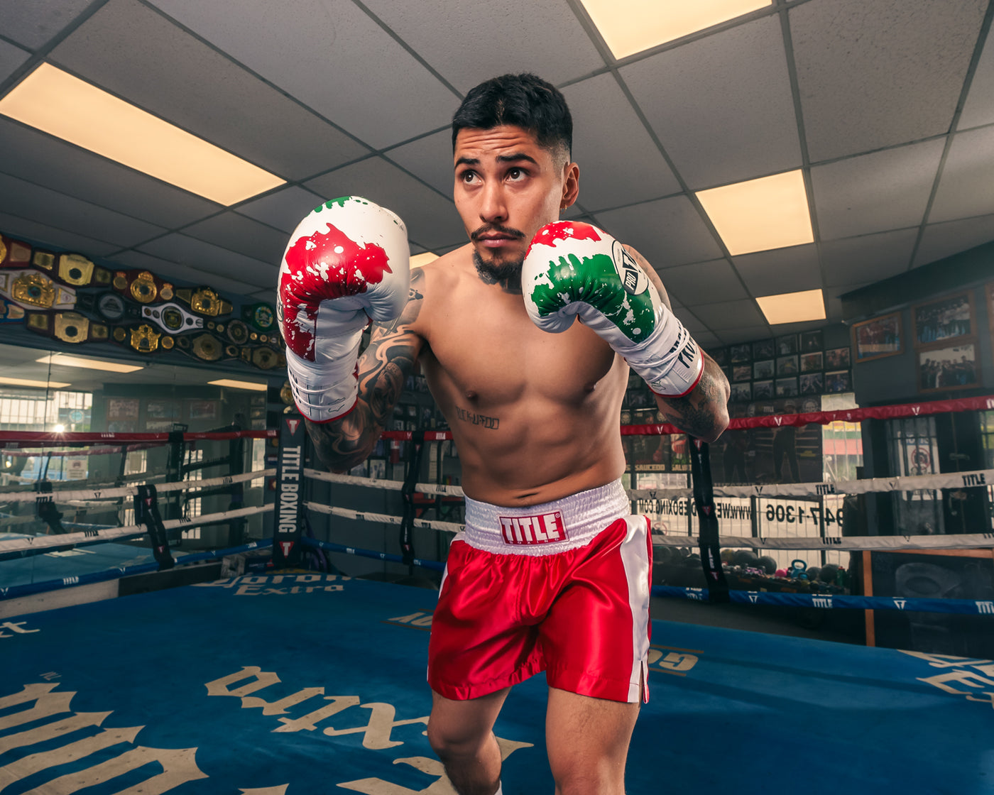 variant:Red/White/Green::Pro Mex Combatiente Pro Fight Gloves boxer in center of ring hands up