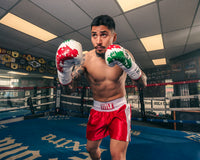 variant:Red/White/Green::Pro Mex Combatiente Pro Fight Gloves boxer in center of ring hands up