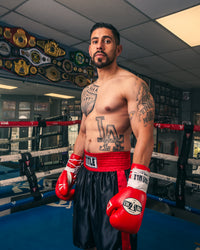 variant:Red/White::Pro Mex Combatiente Pro Fight Gloves boxer hands down in ring