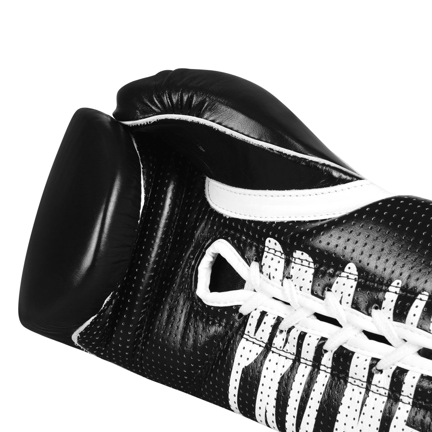 variant:black::Pro Mex Professional Edge Lace Training/Sparring Boxing Gloves single glove palm view closeup