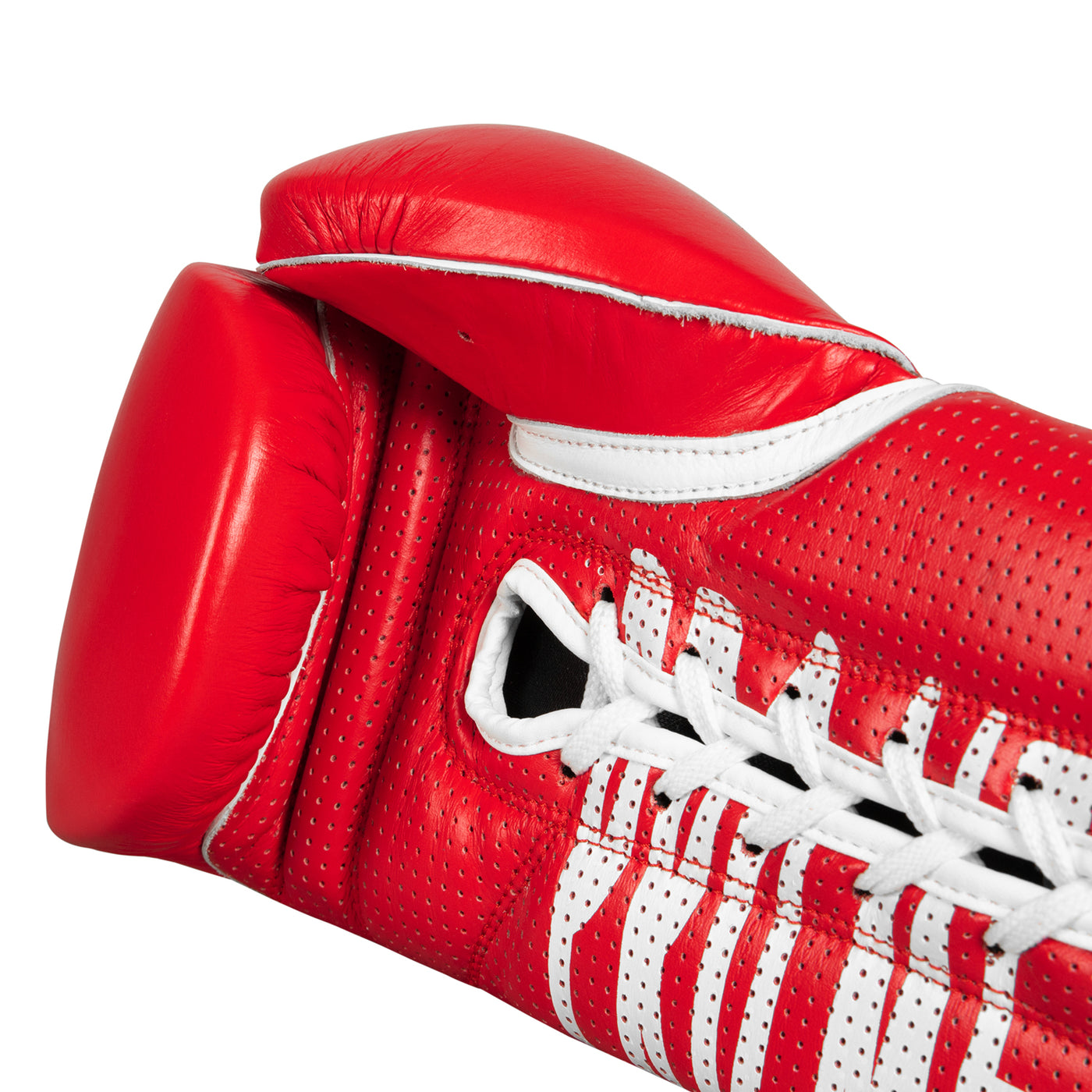variant:red::Pro Mex Professional Edge Lace Training/Sparring Boxing Gloves single glove palm view closeup