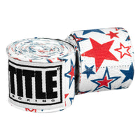 variant:all american::TITLE Boxing Print Mexican Style 180" Hand Wraps closeup view of rolls