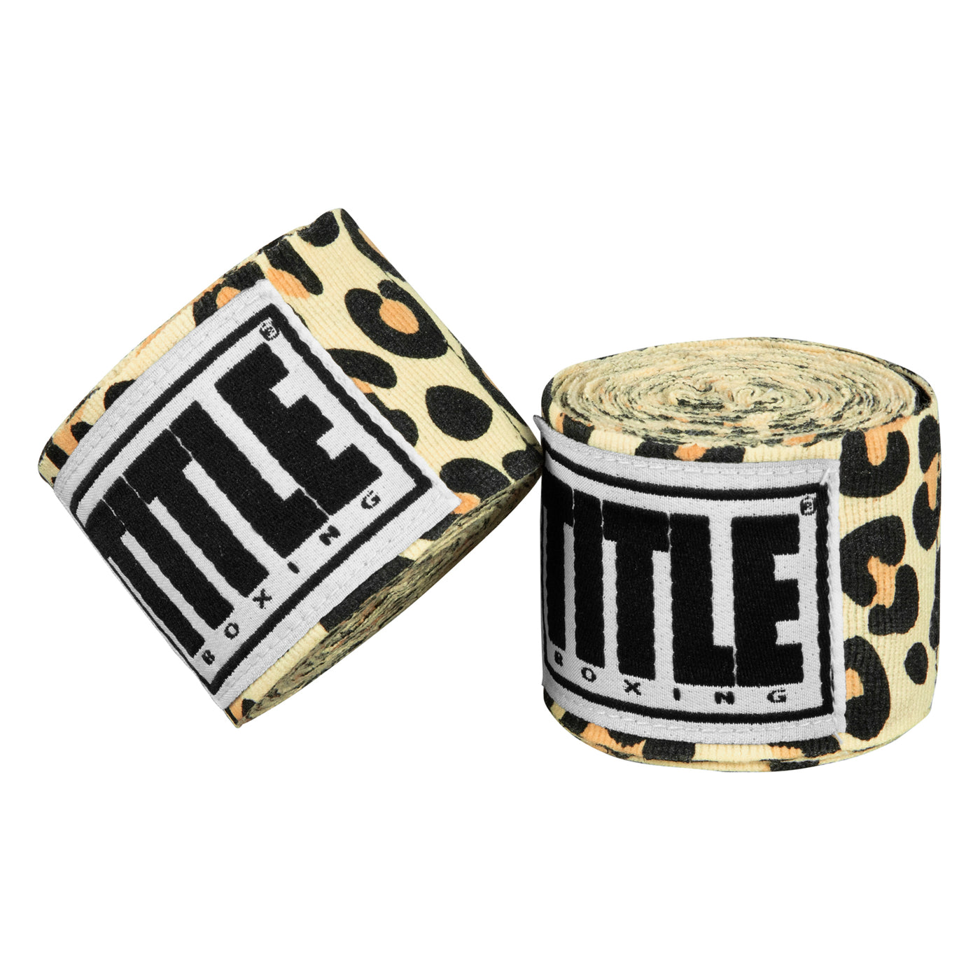 variant:leopard::TITLE Boxing Print Mexican Style 180" Hand Wraps closeup of rolls side by side