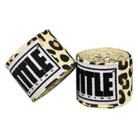 variant:leopard::TITLE Boxing Print Mexican Style 180" Hand Wraps closeup of rolls side by side