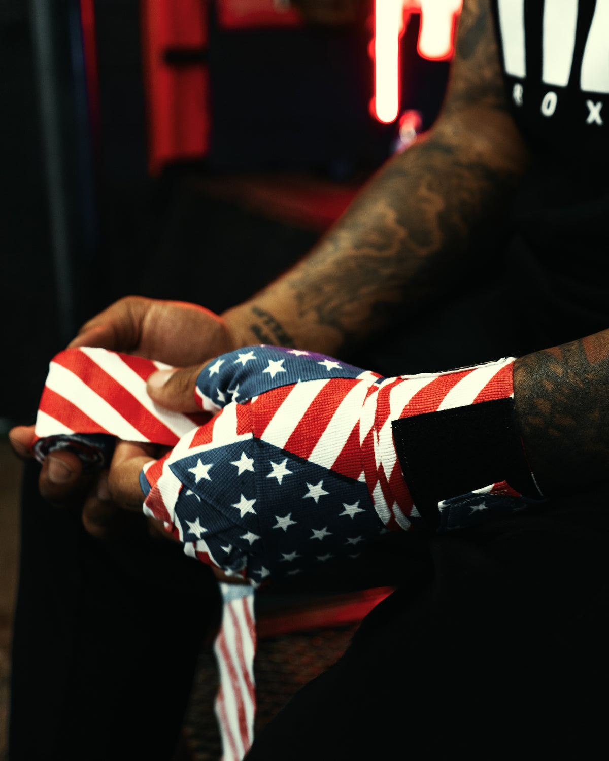 variant:USA flag::TITLE Boxing Print Mexican Style 180" Hand Wraps on boxer's hand