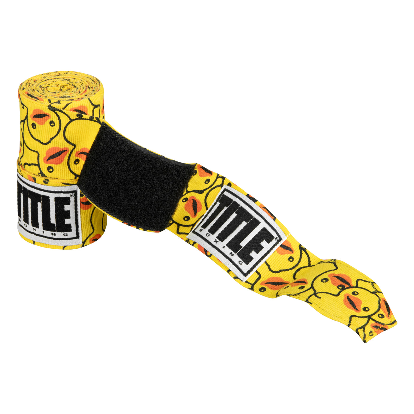 variant:rubber ducky::TITLE Boxing Print Mexican Style 180" Hand Wraps unrolled closeup view