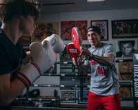 variant:lifestyle::TITLE Boxing Punch Training Paddles paddle mitting with coach and kid