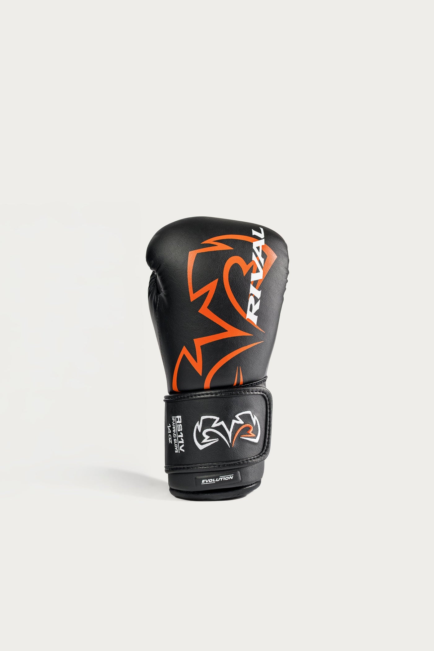 variant:Black::A single black boxing glove with orange graphic accents and white branding, shown on a light gray background.