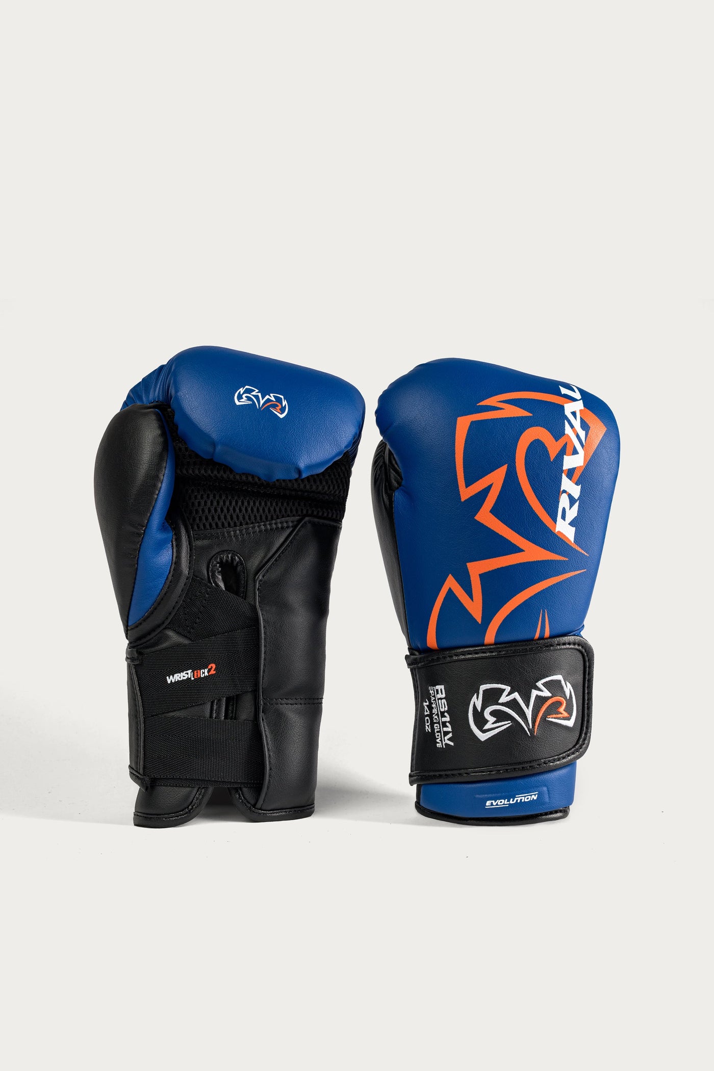 variant:blue::A pair of R3V RIVAL boxing gloves in blue and black with orange accents, displayed on a light gray background.