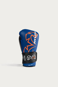 variant:blue::A single blue and black Rival MMA boxing glove with orange graphic accents, displayed on a light gray background.