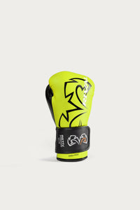 variant:lime/black::A single neon yellow MMA boxing glove with black accents and a black wrist strap featuring the G-1000 brand logo, set against a light gray background.