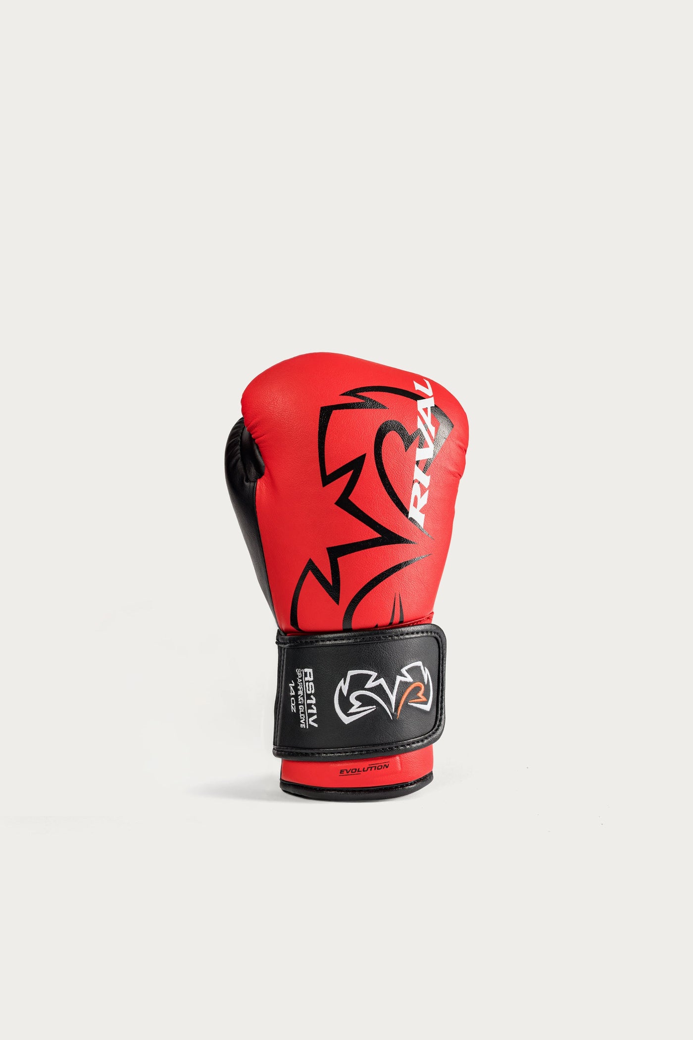 variant:red::A single red and black boxing glove with white and black graphics, including the brand name 'RIVAL' and 'GYM' on the wrist strap, set against a light gray background.