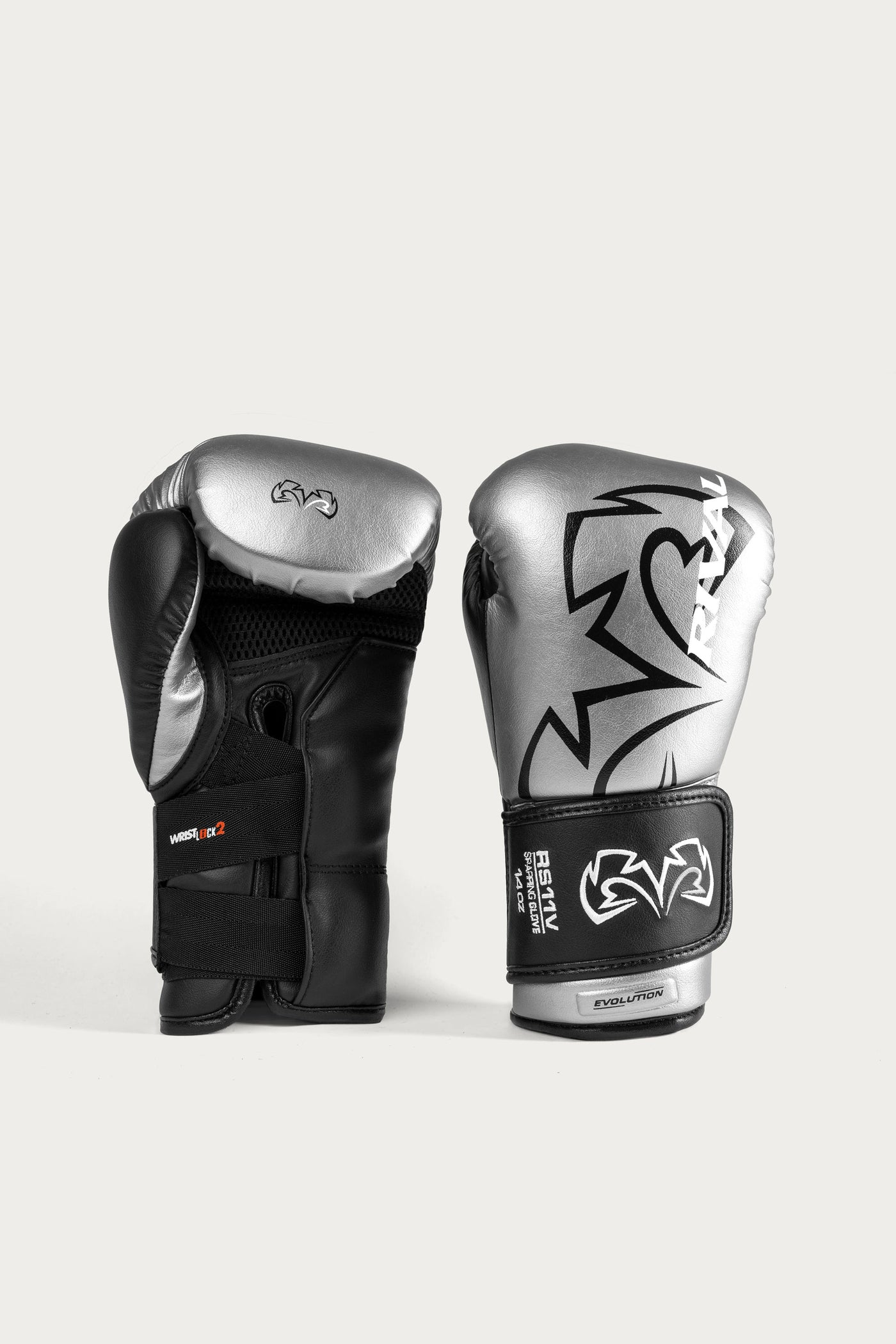 variant:Silver::A pair of boxing gloves in black and metallic silver with white graphic designs and branding, displayed against a light gray background.