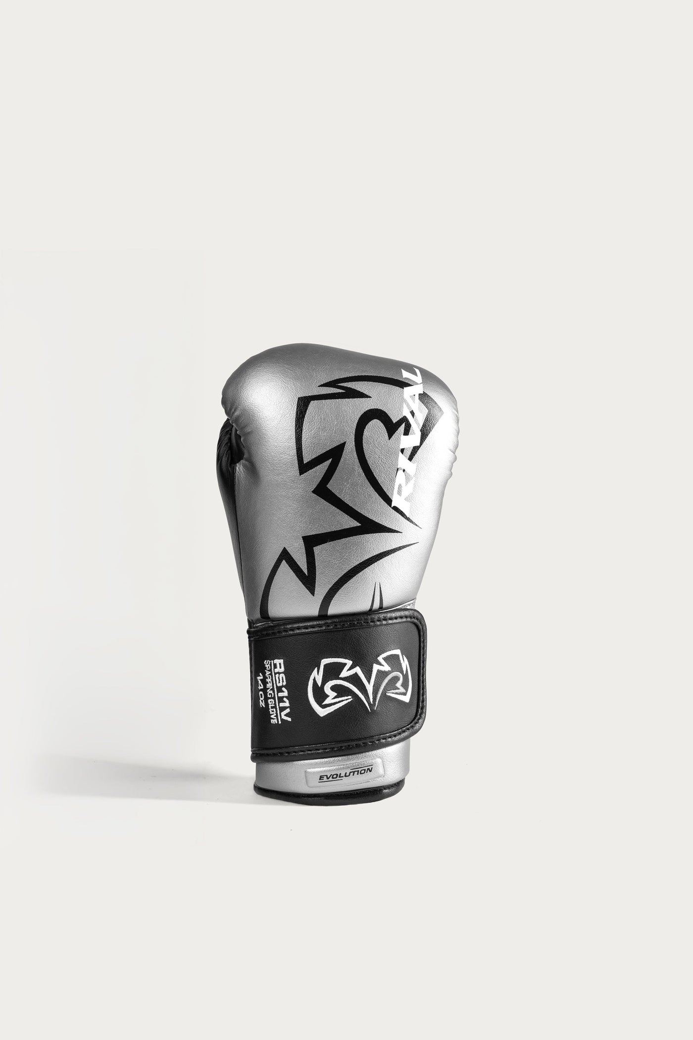 variant:Silver::A single boxing glove in metallic silver with black graphic patterns and a black wrist strap, standing upright on a light gray background.