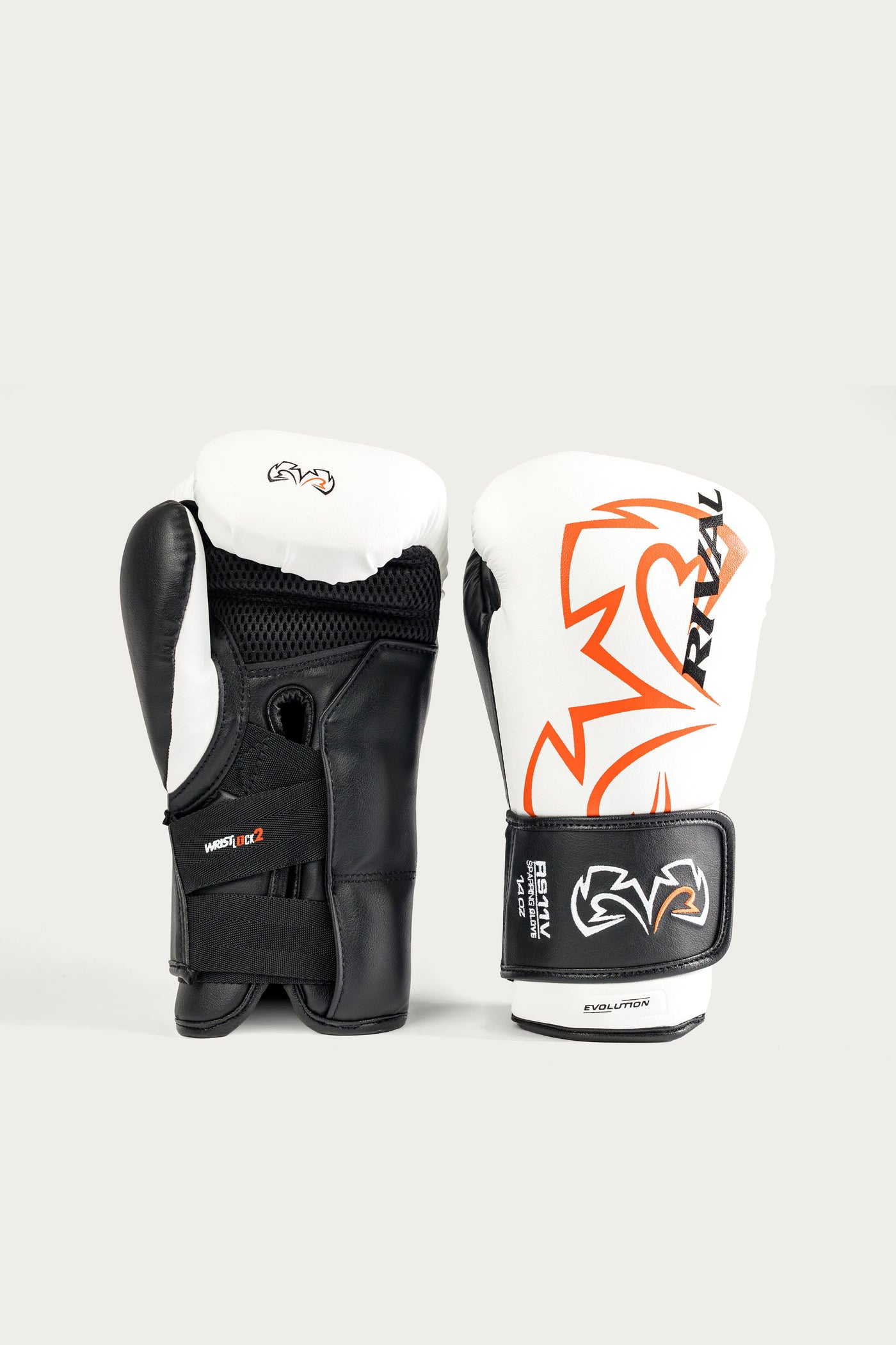 variant:white::A pair of Rival MMA gloves in white and black with orange accents, shown from both the front and side views against a light gray background.