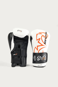 variant:white::A pair of Rival MMA gloves in white and black with orange accents, shown from both the front and side views against a light gray background.
