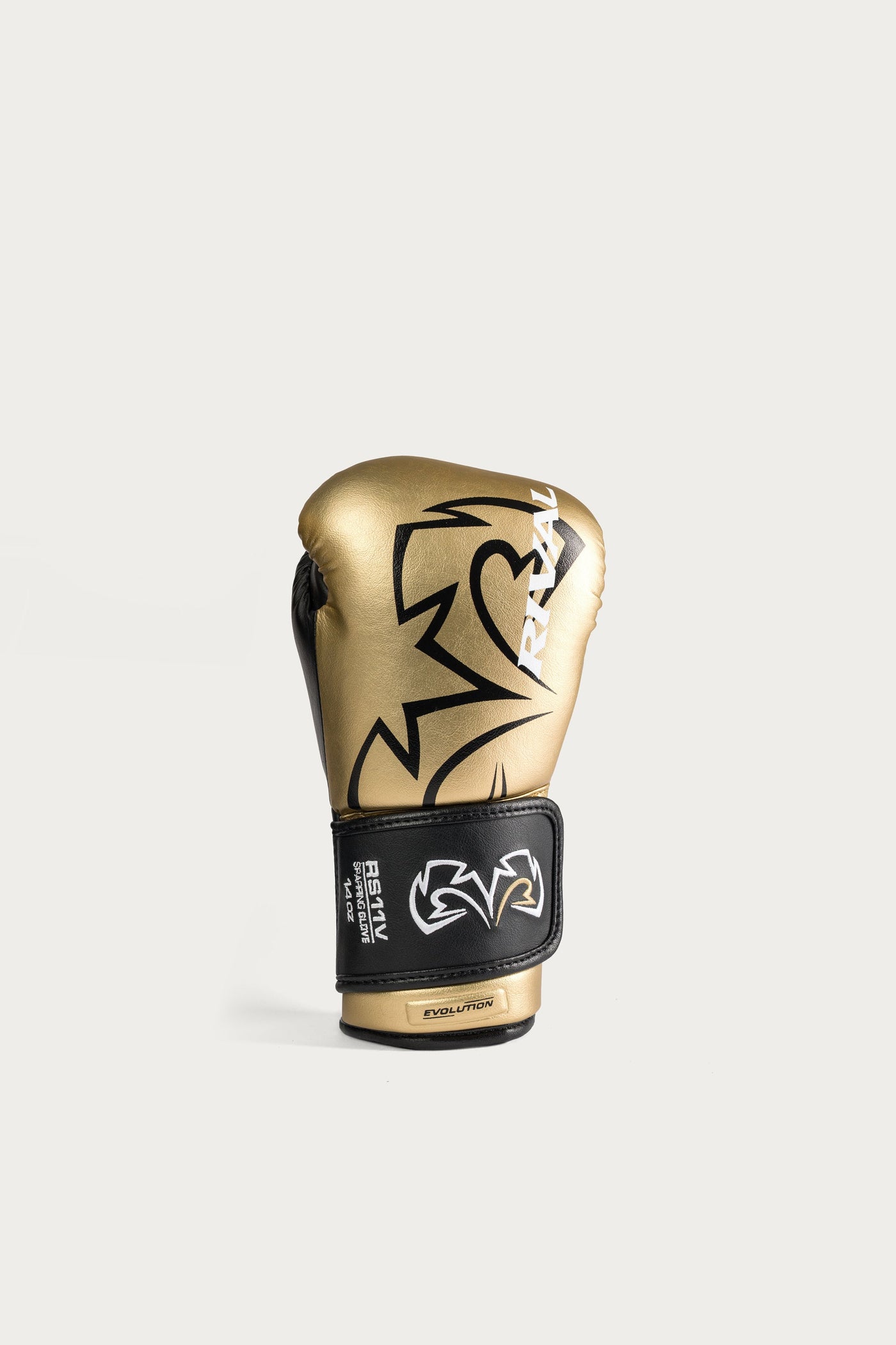 variant:Gold::A single gold boxing glove with black and white graphic details and a black wrist strap, shown against a light gray background.