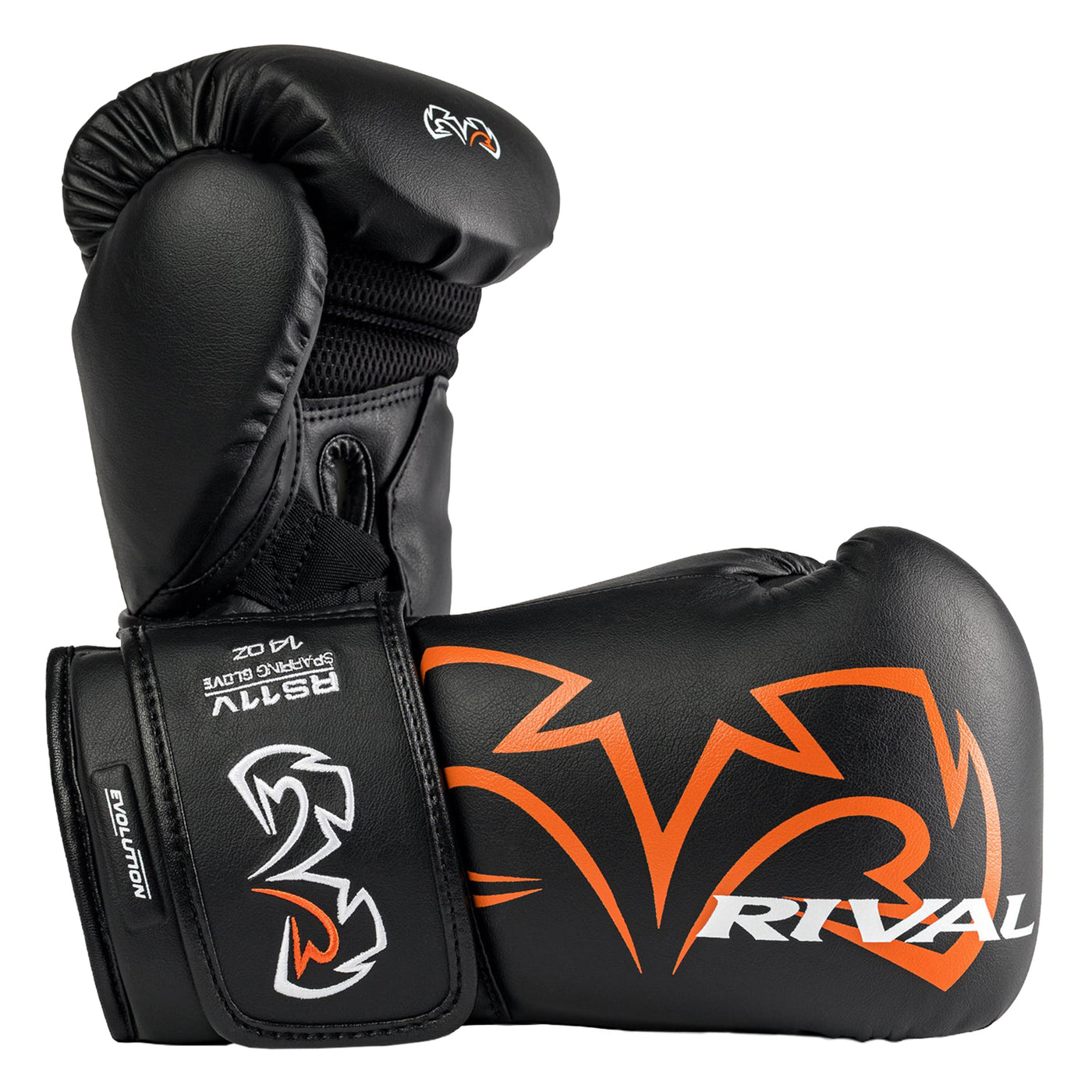 color:Black::A pair of black boxing gloves with orange and white Rival branding, displayed on a clean white background.