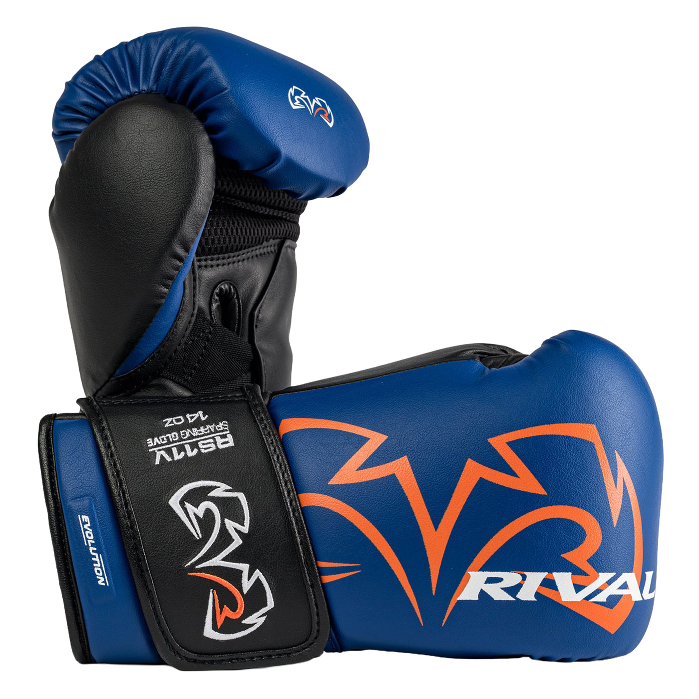 color:blue::Blue and black Rival boxing gloves with orange and white logo graphics, shown on a clean white background.