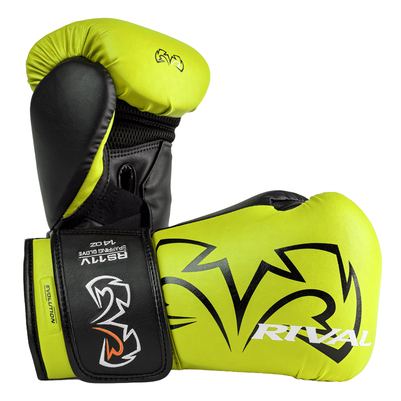 color:lime/black::A pair of Rival boxing gloves in neon yellow-green and black, featuring the brand's logo and 'RIVAL' text on the glove, set against a plain white background.