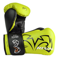 color:lime/black::A pair of Rival boxing gloves in neon yellow-green and black, featuring the brand's logo and 'RIVAL' text on the glove, set against a plain white background.