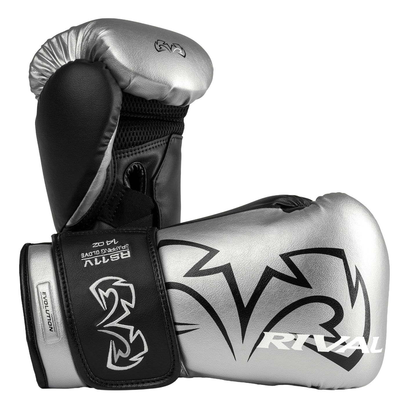 color:silver::A pair of Rival 2D 14 boxing gloves in metallic silver and black, featuring a bold black logo on the silver glove and a black wrist strap with white branding.