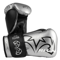 color:silver::A pair of Rival 2D 14 boxing gloves in metallic silver and black, featuring a bold black logo on the silver glove and a black wrist strap with white branding.