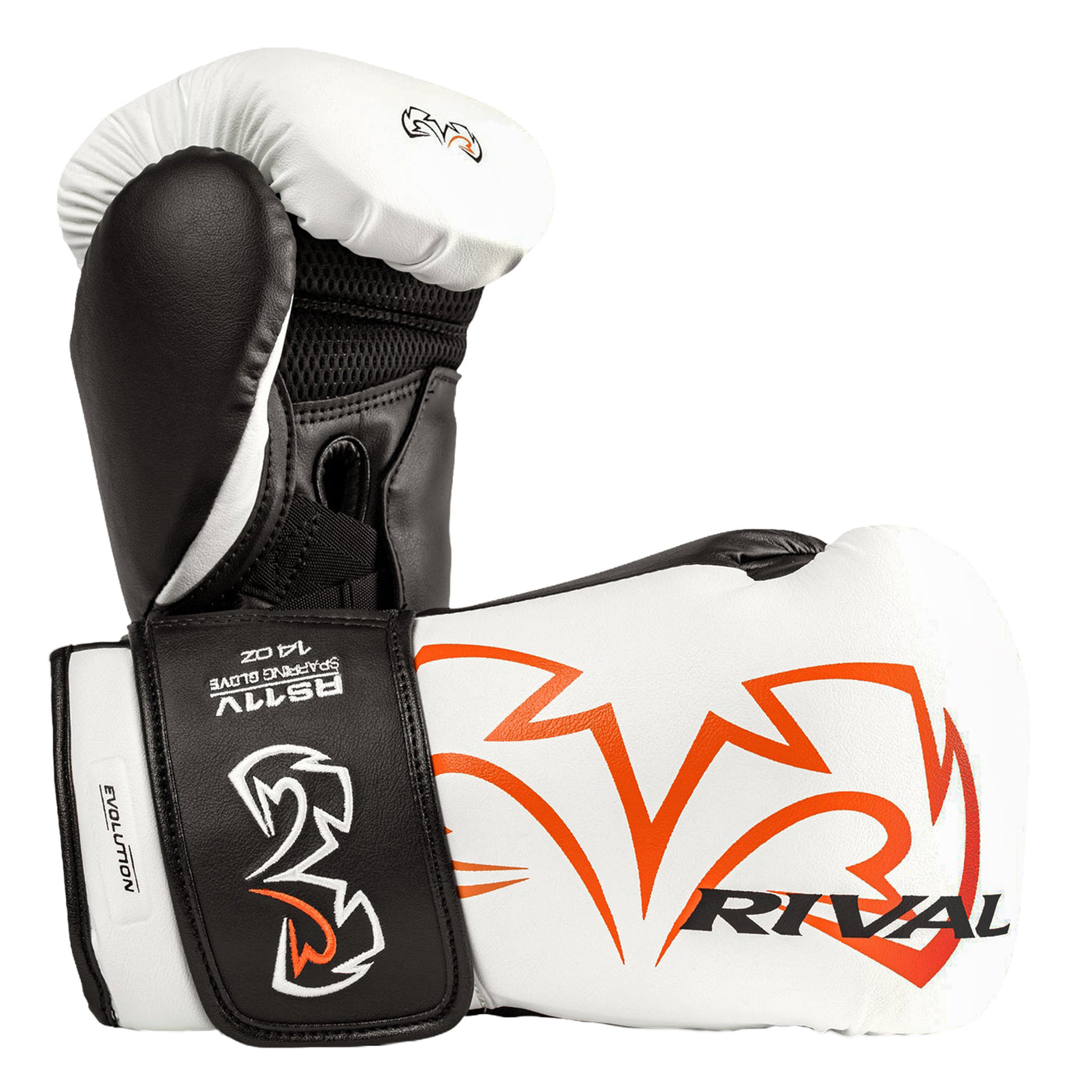 color:white::A pair of Rival boxing gloves in white and black with orange and black graphics, displayed on a clean white background.