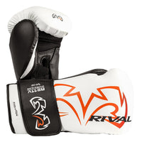 color:white::A pair of Rival boxing gloves in white and black with orange and black graphics, displayed on a clean white background.