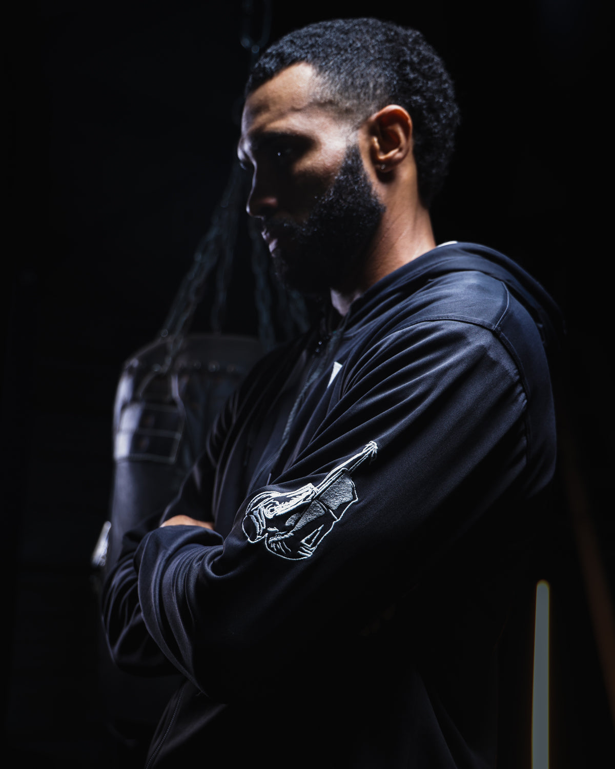 variant:black/white::TITLE Boxing Thermal Insulated Roadwork Hoodie on athlete in the gym