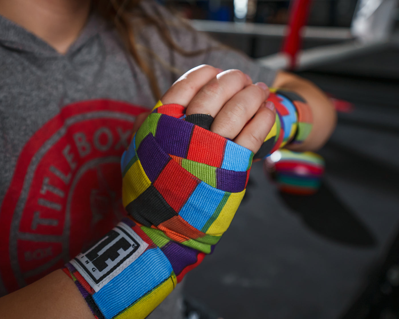 variant:Punch Block::TITLE Boxing Print Hand Wraps 180" close up handwraps