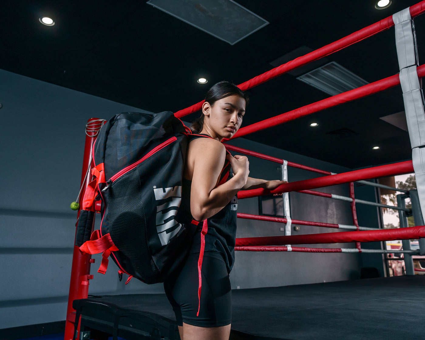 variant:black/red::TITLE Boxing Champion Sport Bag girl wearing bag bookbag version