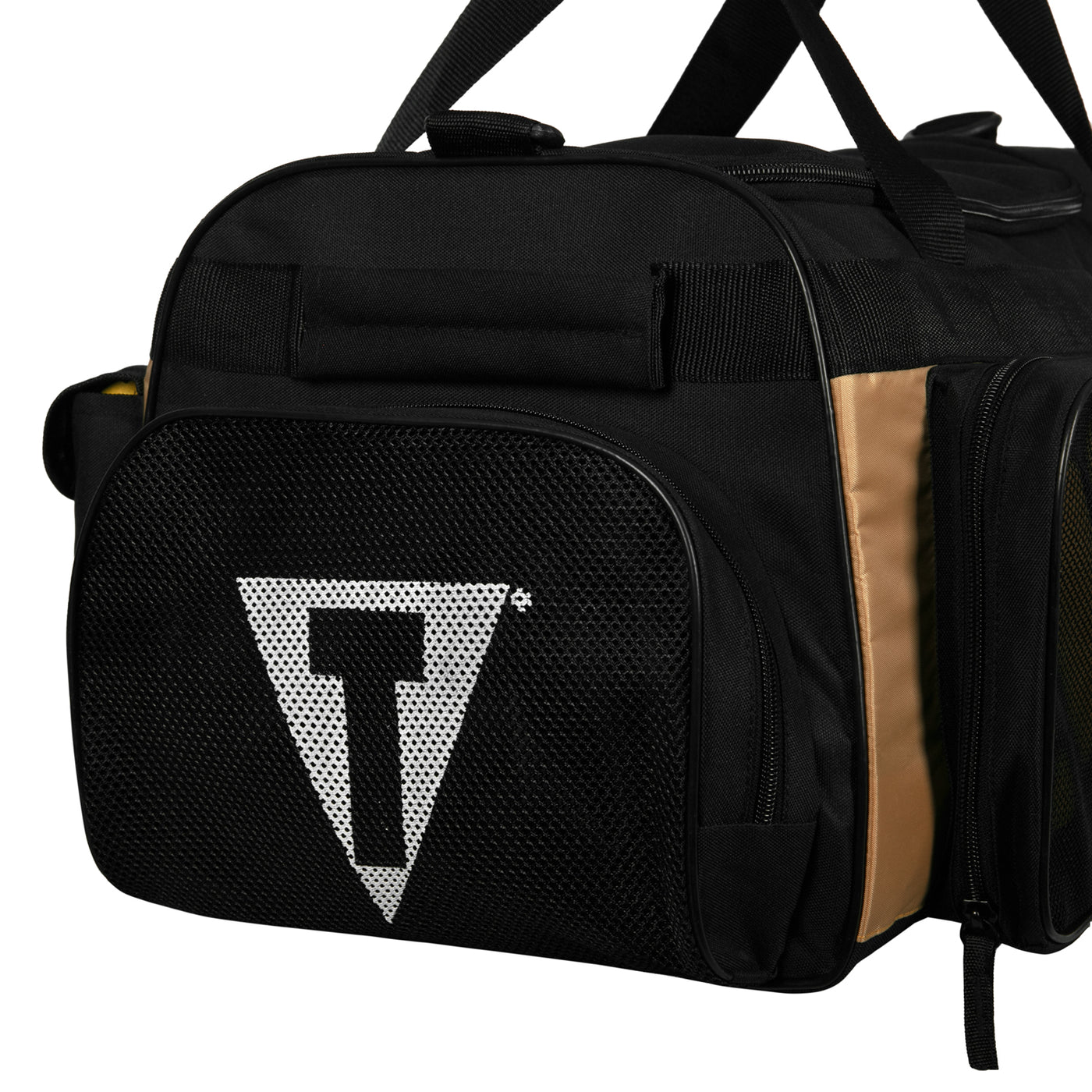 variant:black/beige::TITLE Boxing Active Duffle Bag mesh side pocket closeup