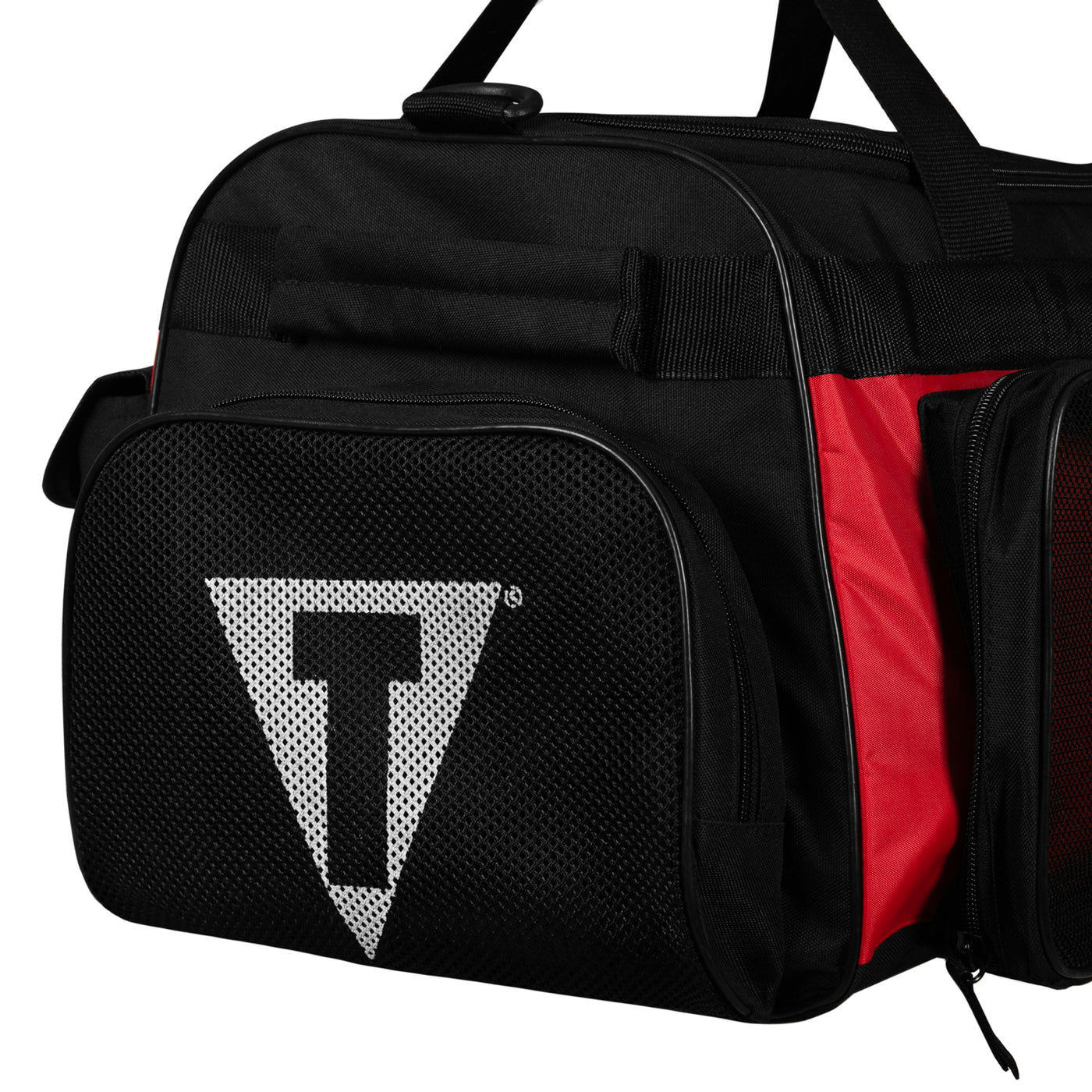 variant:black/red::TITLE Boxing Active Duffle Bag mesh side pocket closeup