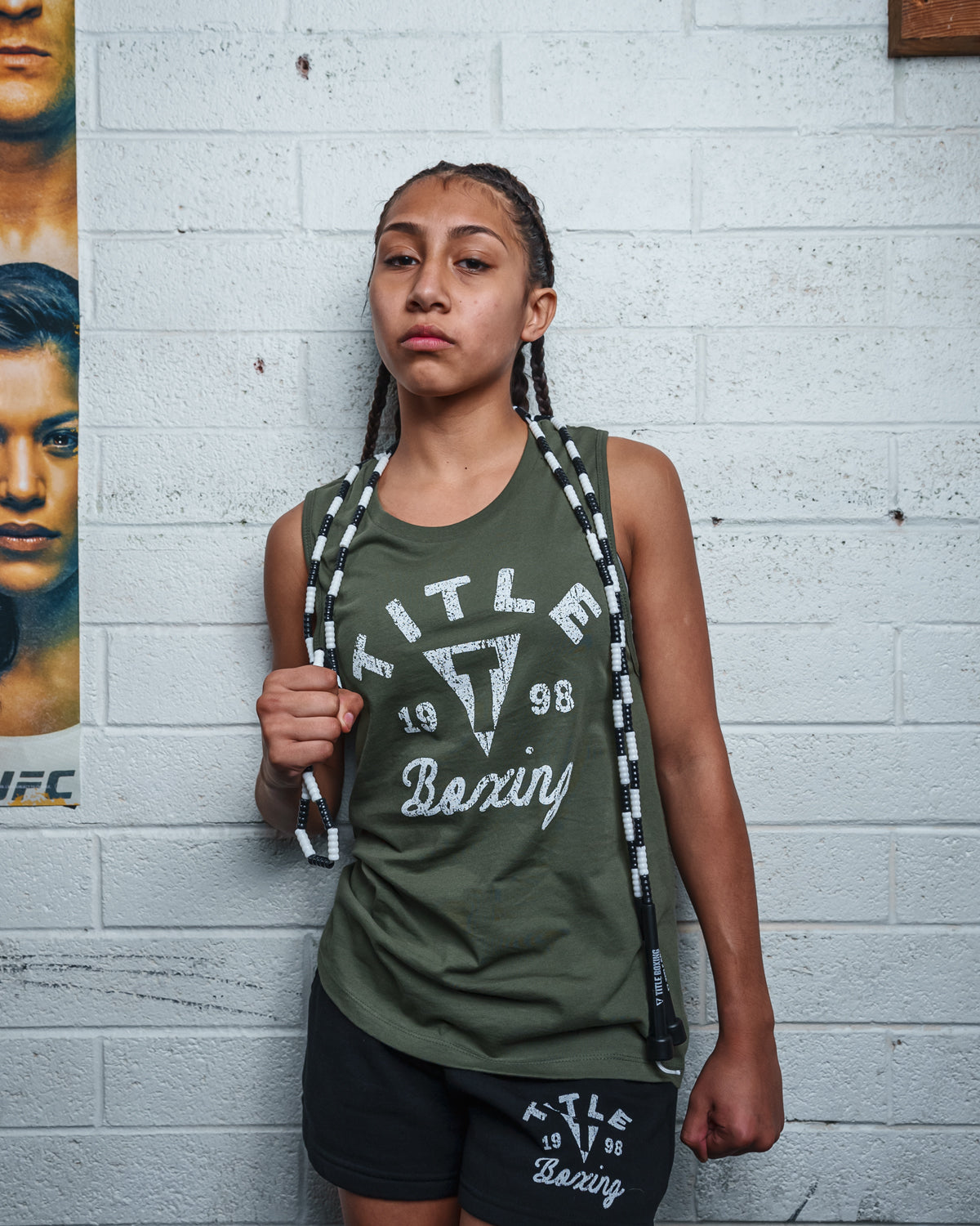 variant:green::TITLE Boxing Women's Distressed Label Muscle Tank with jump rope