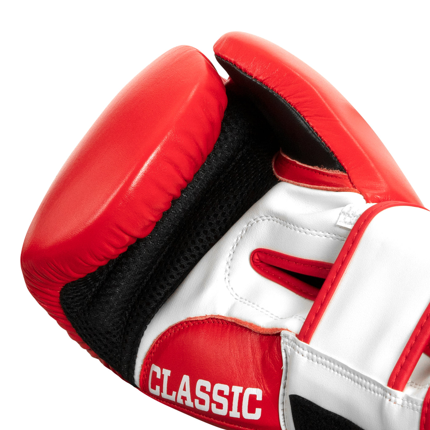 variant:Red/White/Black::close up view of palm of red boxing bag glove