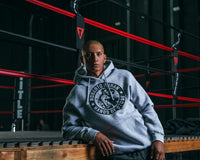 variant:Grey::TITLE Boxing Legacy Roberto Duran "Hands of Stone" Hoodie guy posing on the ring