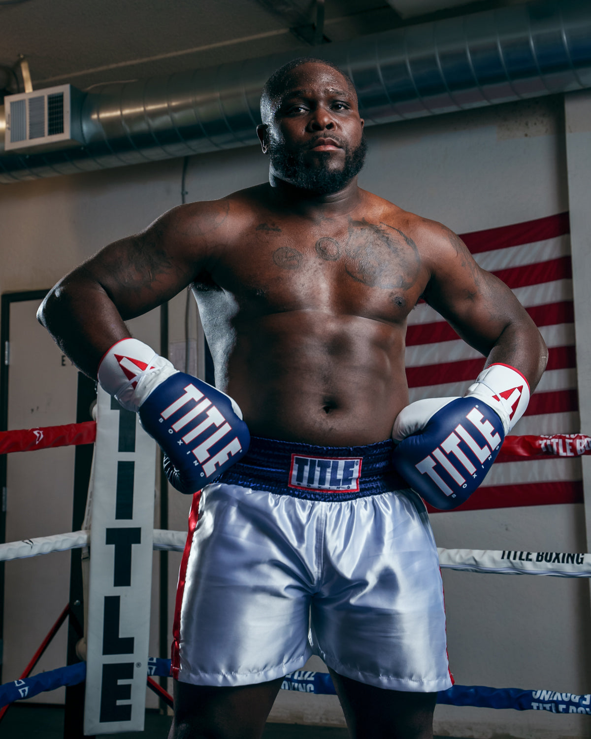 variant:red/white/blue::TITLE Boxing Professional Traditional Cut Trunks hands on hips