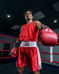variant:red/white::TITLE Boxing Professional Traditional Cut Trunks  guy all red boxing left hand out