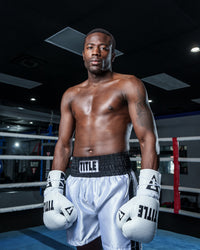 variant:white/black::TITLE Boxing Professional Traditional Cut Trunks boxer standing hands down